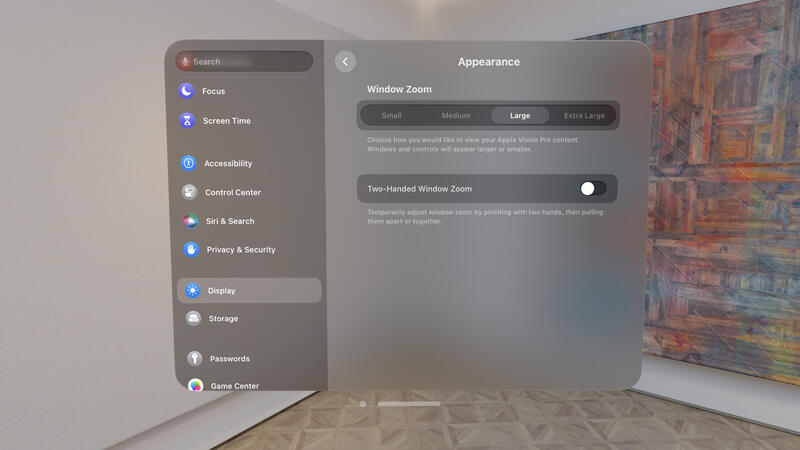 The visionOS Settings app display appearance view