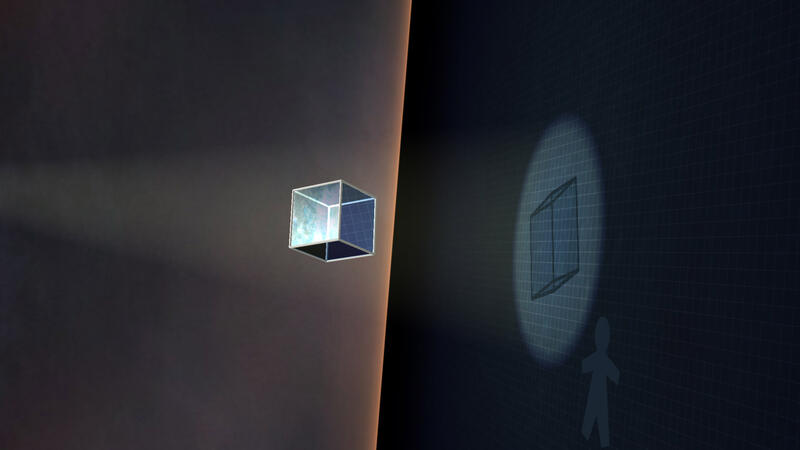 A cube in a spotlight beam, cast onto a dark grid